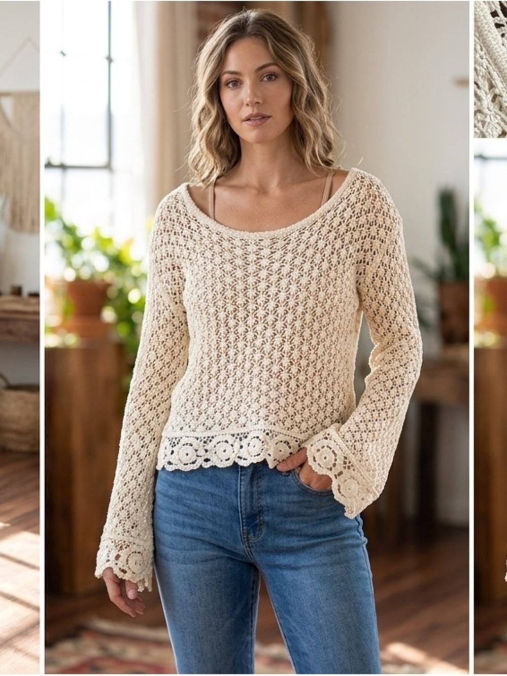 Wild Fable Cream Crochet Scoop Neck Knit Sweater- size M